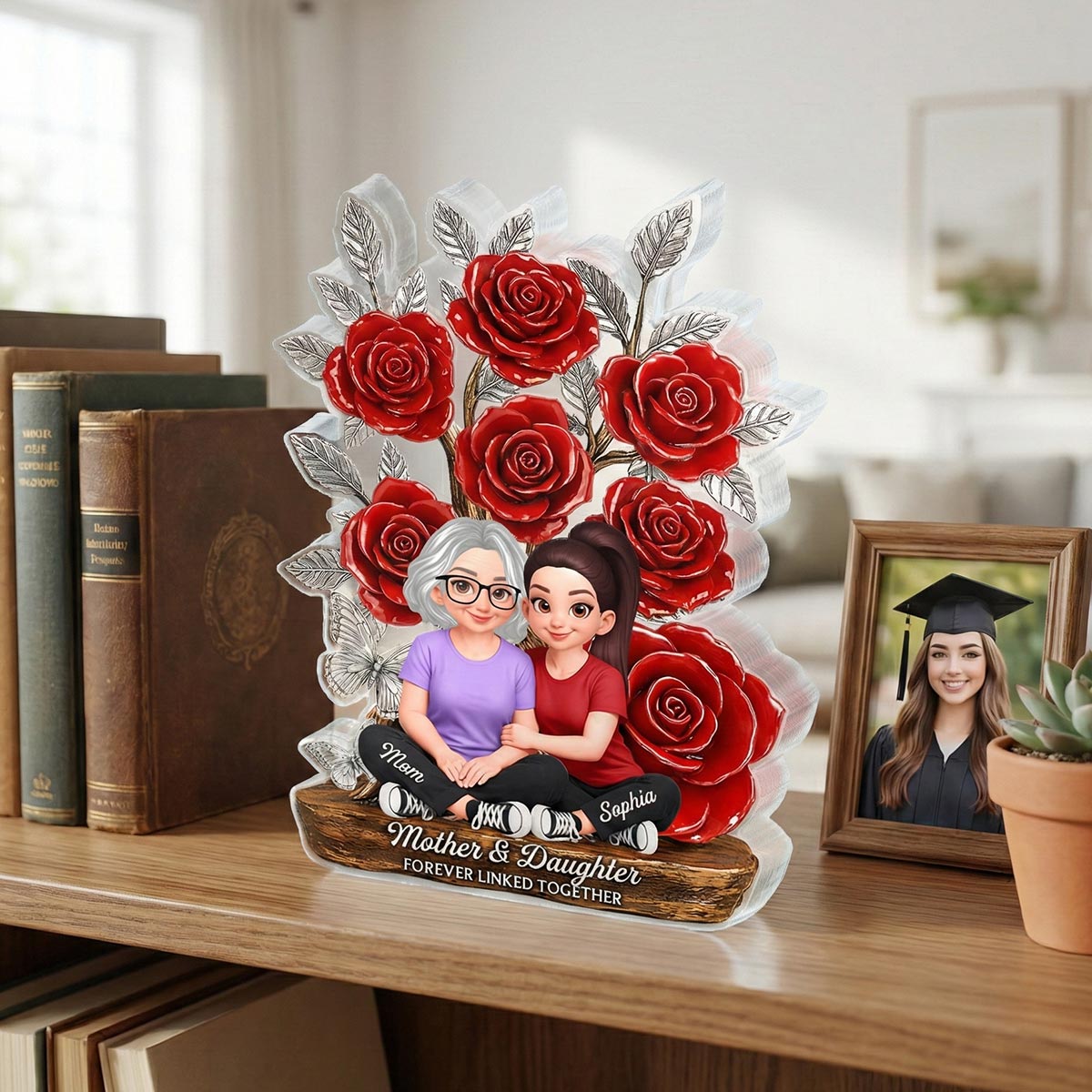 Mom And Daughter Forever Love Rose Tree - Personalized Acrylic Block Plaque - Gift For Mom