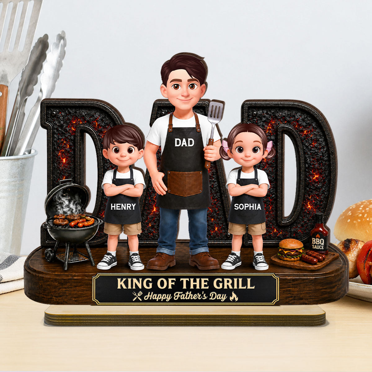 BBQ King Of The Grill Dad - Personalized Wooden Plaque -  Gift For Dad, Husband