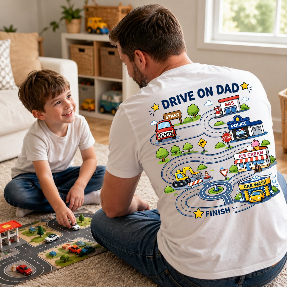 Drive On Dad Toddler Drives Toy Cars on City Road Map - Personalized Shirt - Father's Day Gift for Him