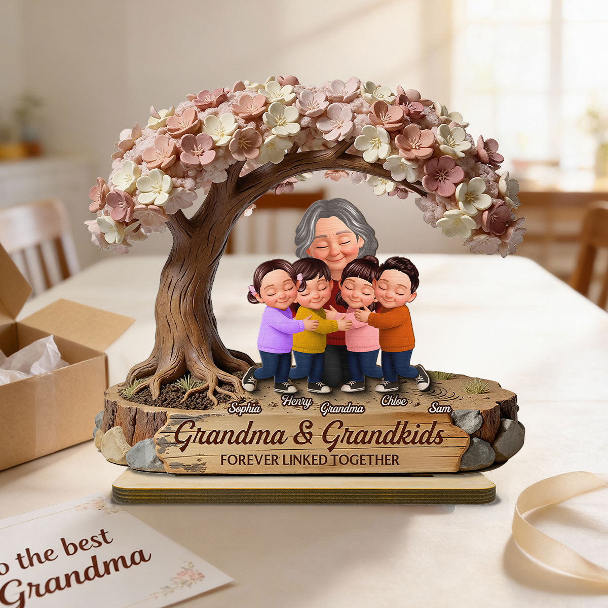 Grandma And Grandkids Under Blossom Tree - Personalized 2-Layered Wooden Plaque - Gift For Mom