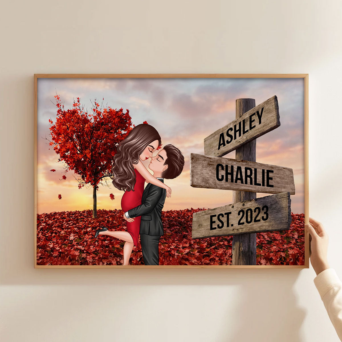 Couple Hugging Kissing Sign Post - Personalized Poster - Heartfelt Gift For Him, Her, Wife, Husband, Couple