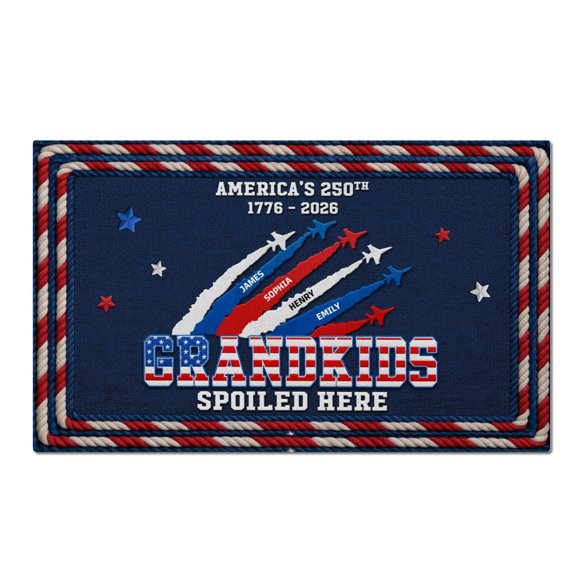 Proud Grandkids Spoiled Here American 250th Anniversary Faux Yarn Texture - Personalized Doormat - 250 Years Of Freedom Decoration, Gift For Grandparents