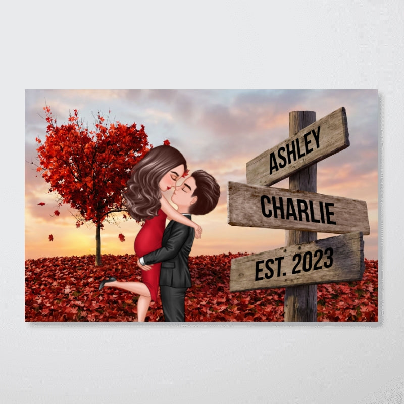 Couple Hugging Kissing Sign Post - Personalized Poster - Heartfelt Gift For Him, Her, Wife, Husband, Couple