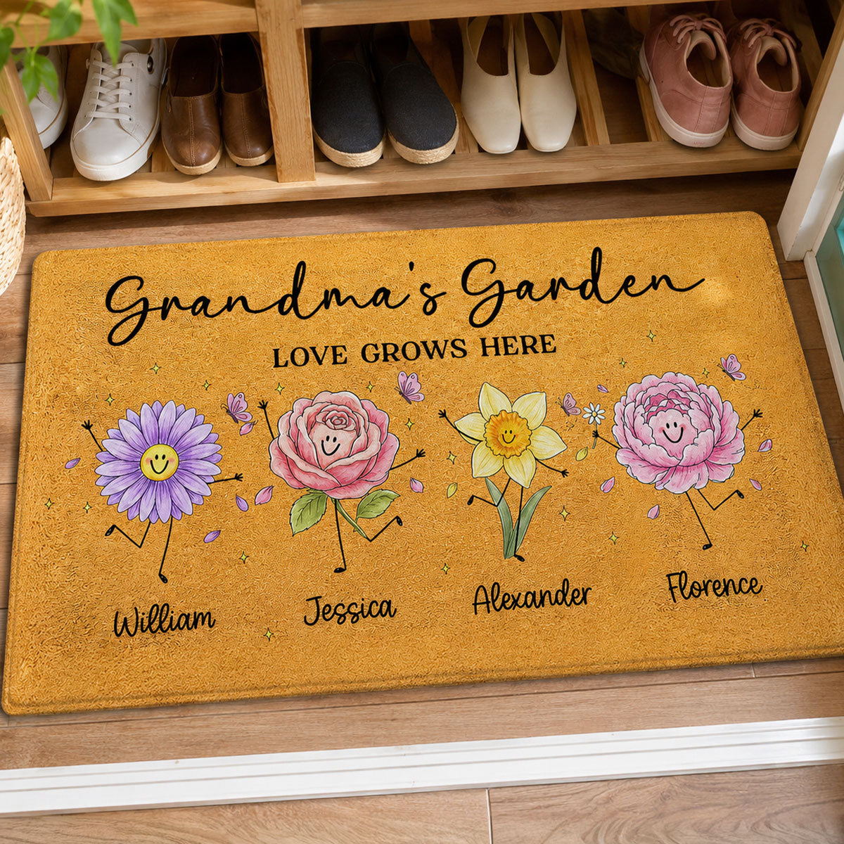 Grandma's Garden Cute Doodle Birth Month Flowers - Personalized Doormat - Home Decor Gift, Birthday Gift For Grandma
