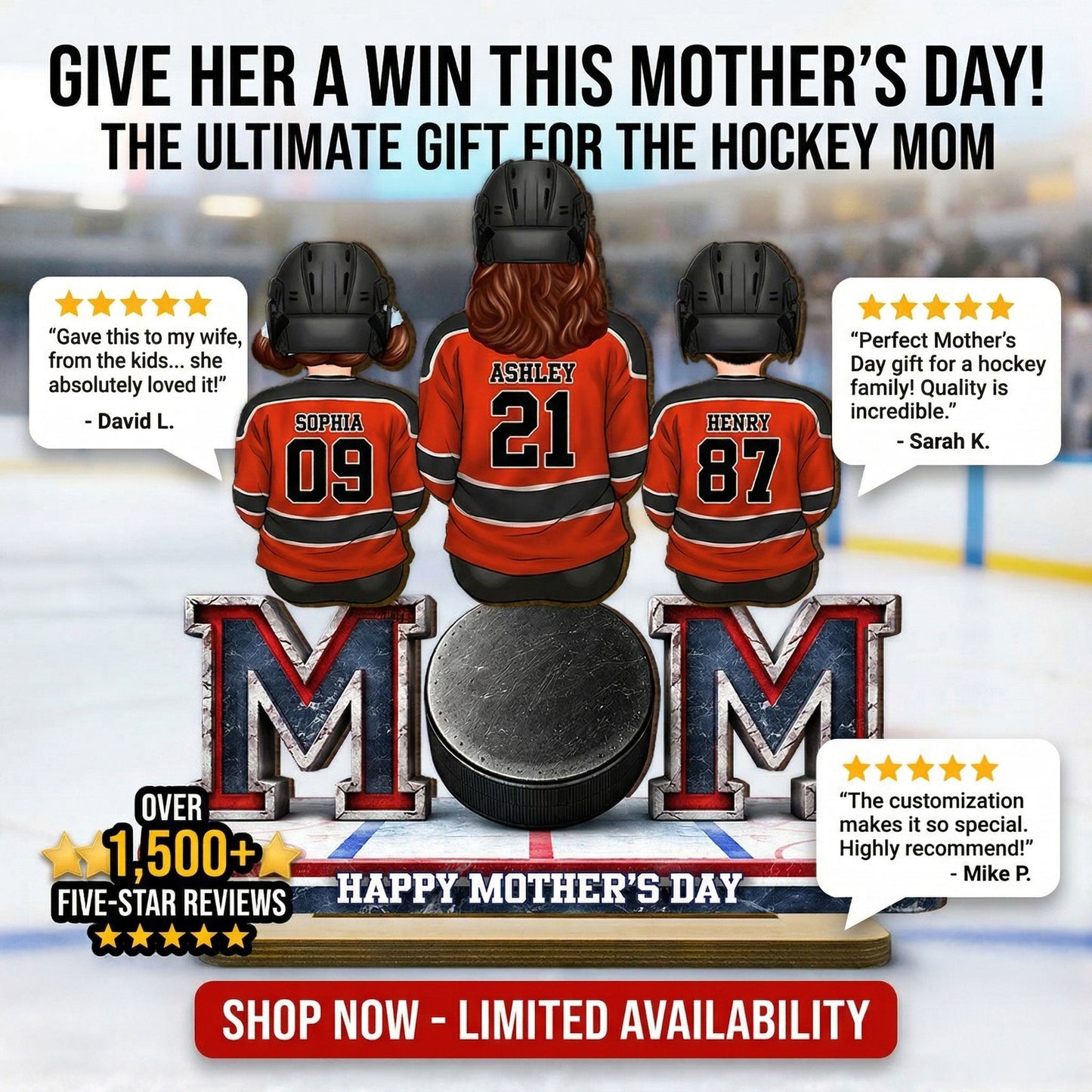 Hockey Mom And Kids Sitting Together - Personalized 2-Layered Wooden Plaque - Mother's Day Gift For Hockey Mom