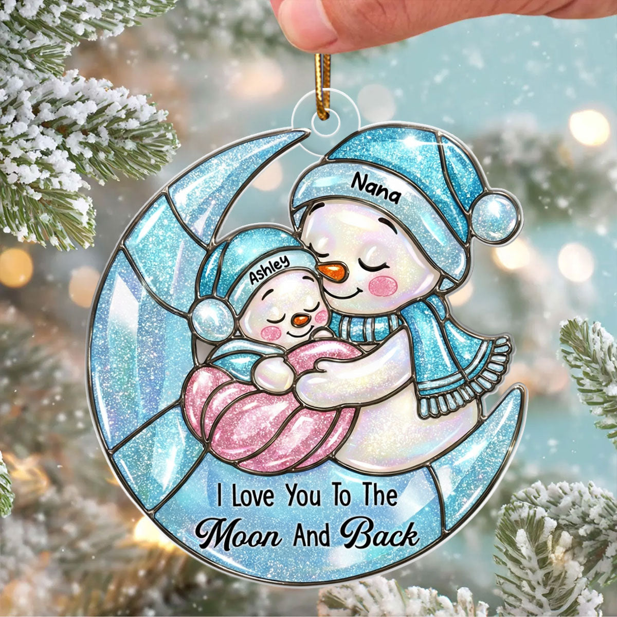 Grandma And Grandkid Moon Stained Glass Pattern - Personalized Acrylic Ornament - Heartwarming Christmas Gift For Grandma, Granddaughter, Grandson