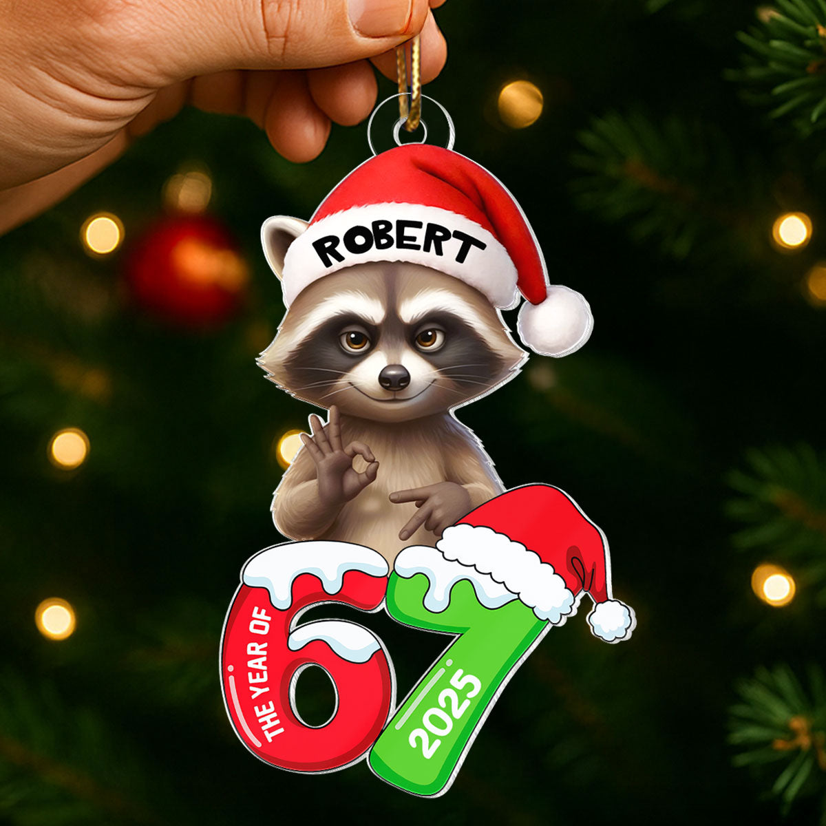 Cunning Raccoon Christmas Pattern Custom Six Seven 67 - Personalized Acrylic Ornament - Teen Slang Funny Tree Decor, Funny Teen Grandkid Gift