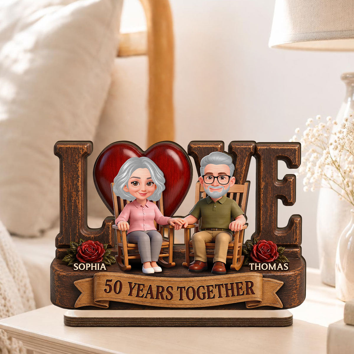 Love Old Couple Anniversary Gift - Personalized 2-Layered Wooden Plaque - Wedding Year Decor