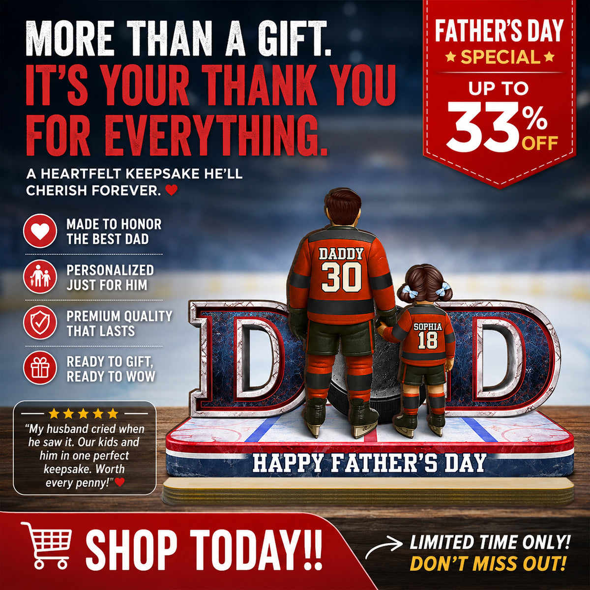 Hockey Dad And Kids Together - Personalized 2-Layered Wooden Plaque - Heartfelt Gift For Hockey Dad, Gift For Husband