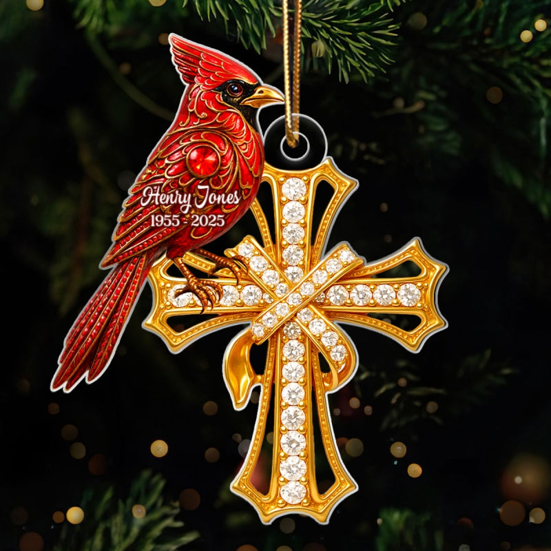 Red Cardinal On Cross 3D Crystal Effect - Personalized Acrylic Ornament - Family Memorial Keepsake