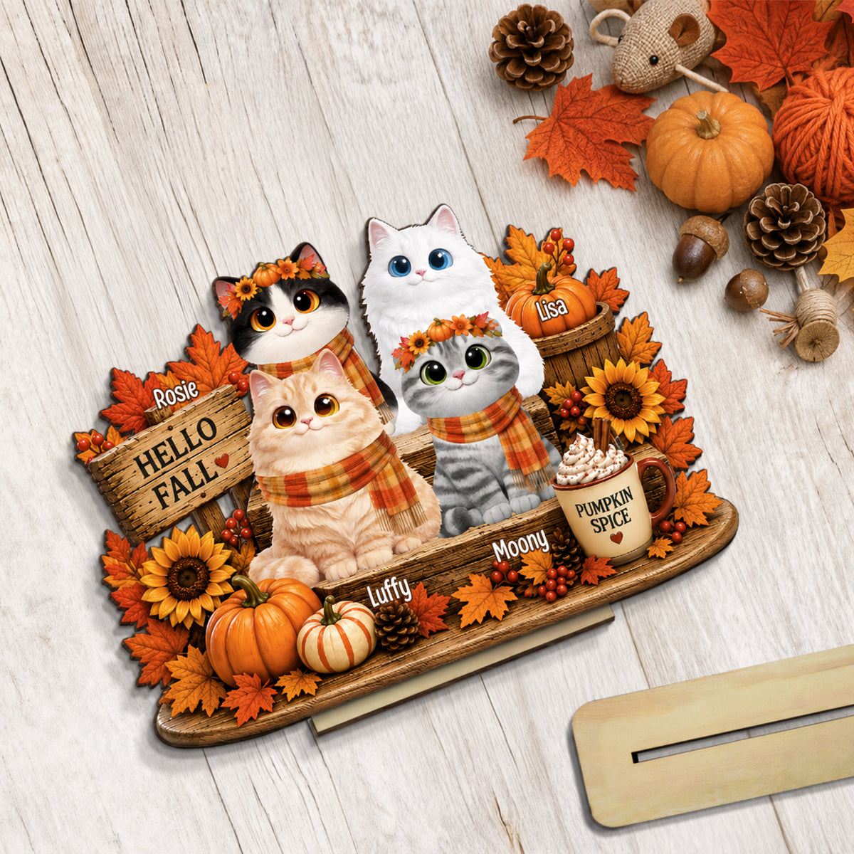 Hello Fall Cute Cats Sitting - Personalized 2-Layered Wooden Plaque - Cozy Fall Decor for Cat Moms, Cat Lovers