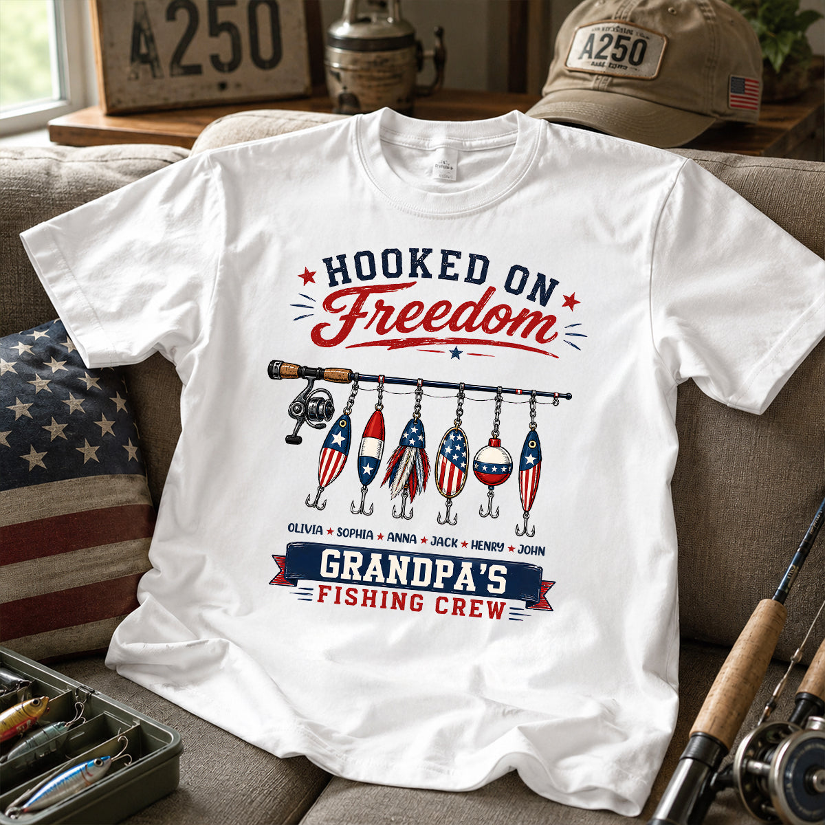 Fishing Grandpa Hooked on Freedom - Personalized Shirt - 250th Anniversary Patriot Shirt