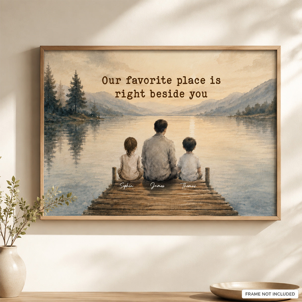 Peaceful Lakeside Dad And Kids Watercolor Style - Personalized Poster