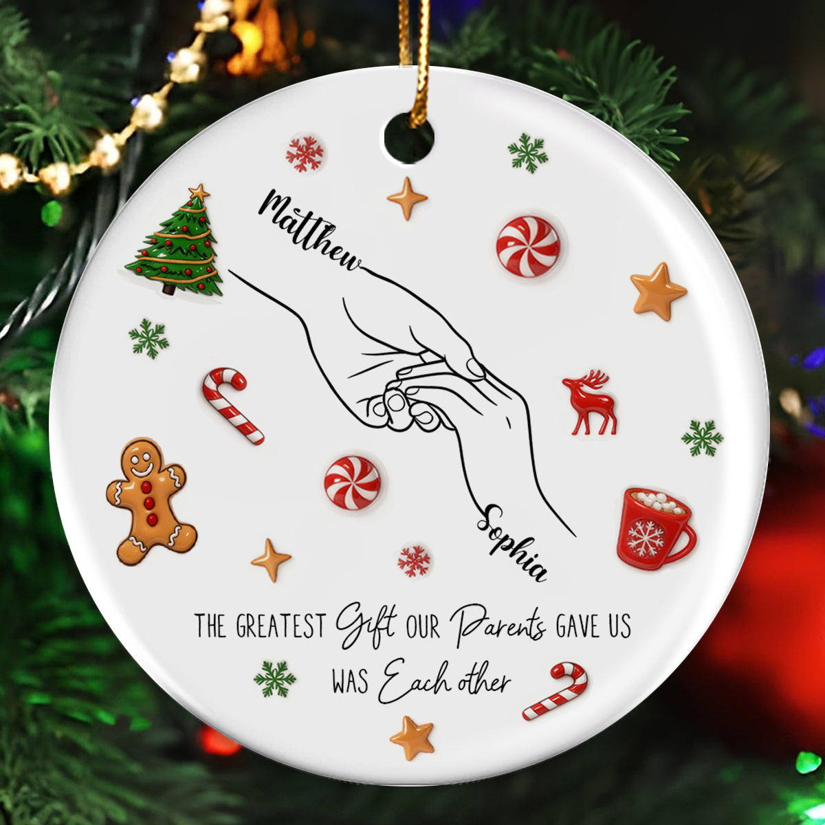 Sibling Hands Line Art - Personalized Ceramic Ornament - Christmas Gift For Brother, For Sister