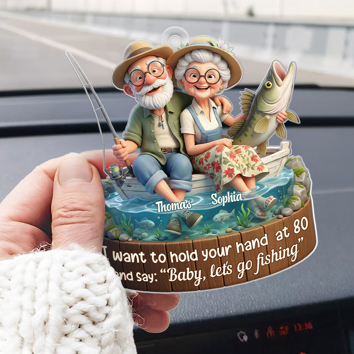 Baby Let's Go Fishing Old Couple - Personalized Acrylic Car Hanger - Sentimental Gift for him, for her