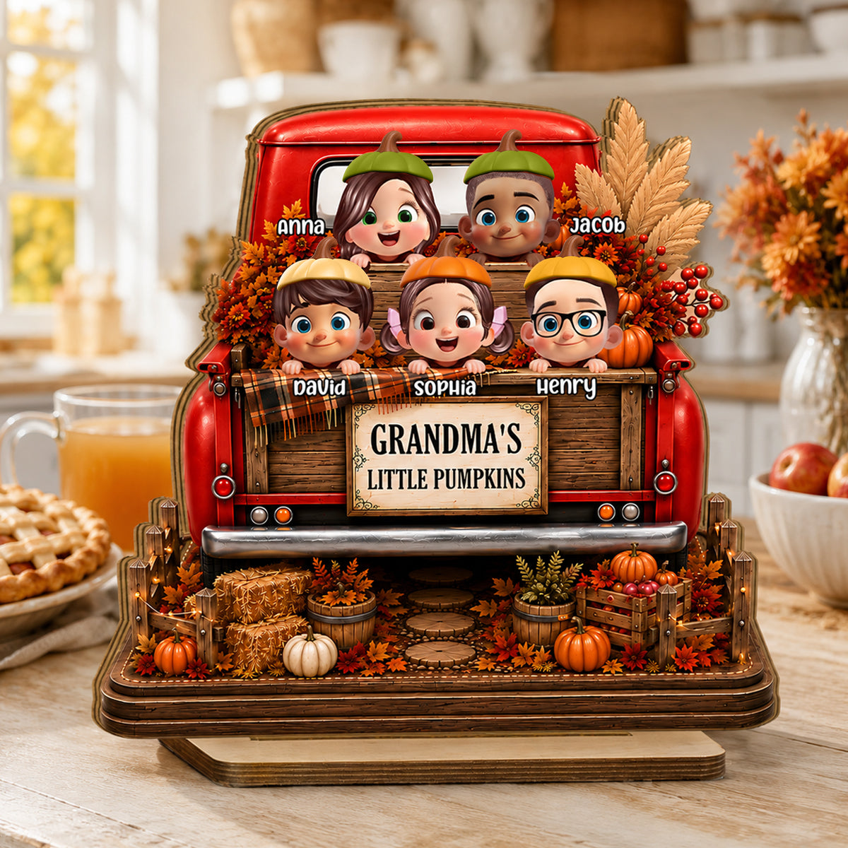 Grandma Grandkids Pumpkins Fall Truck - Personalized 2-Layered Wooden Plaque - Fall Season Decor Gift, Gift For Grandma