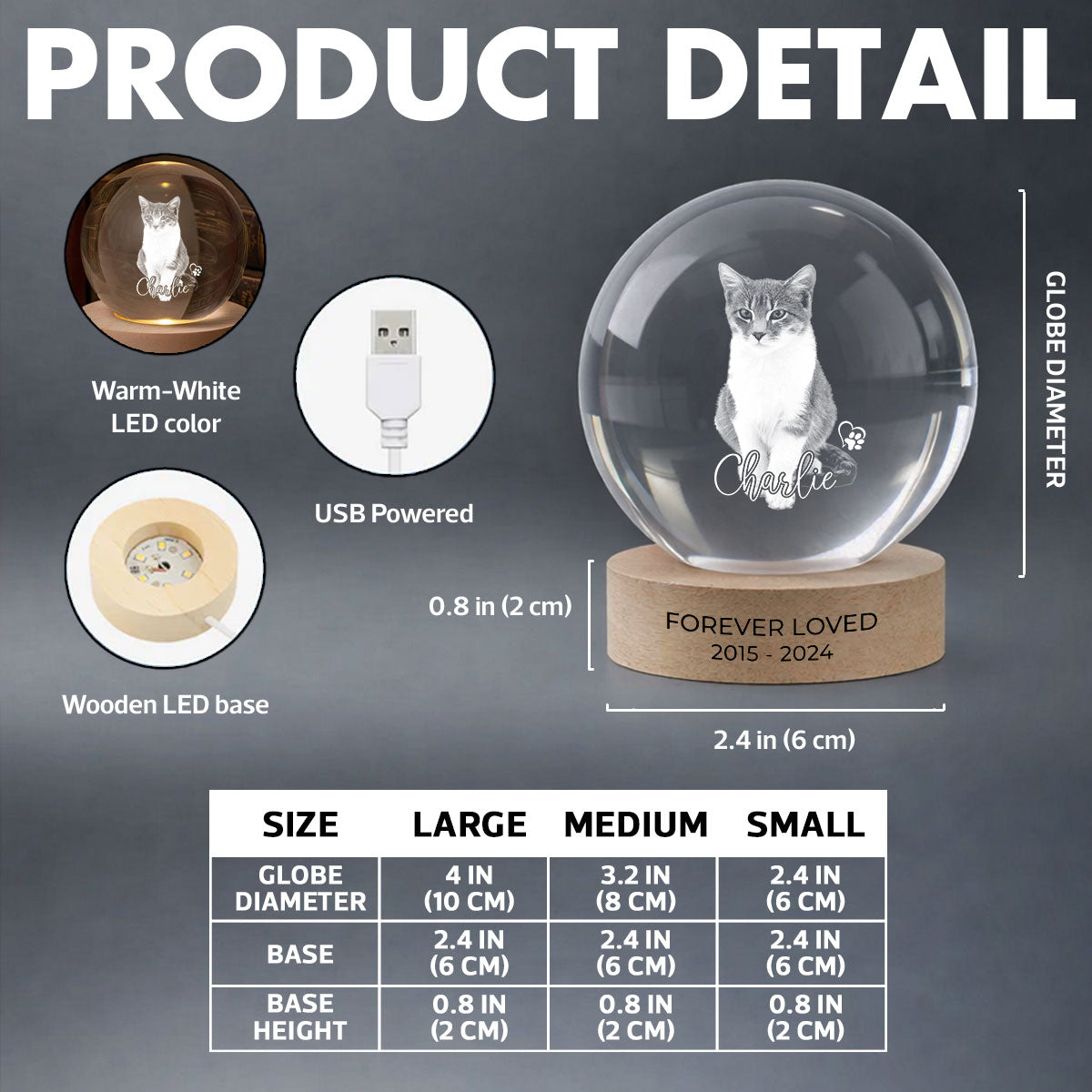 Custom Pet Photo Portrait Memorial - Personalized Crystal Ball LED Night Light - Heartfelt Gift for Pet Lovers, Pet Remembrance