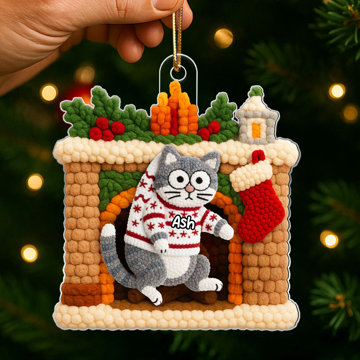 Cat Hanging on Christmas Mantel Fireplace Latch Hook Yarn Faux - Personalized Acrylic Ornament - Christmas Gift for Cat Lovers