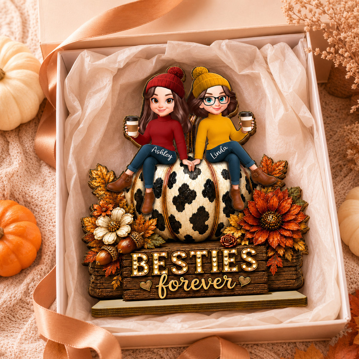 Besties Forever Pumpkin Western Fall Vibe - Personalized 2-Layered Wooden Plaque - Fall Decor for Best Friends