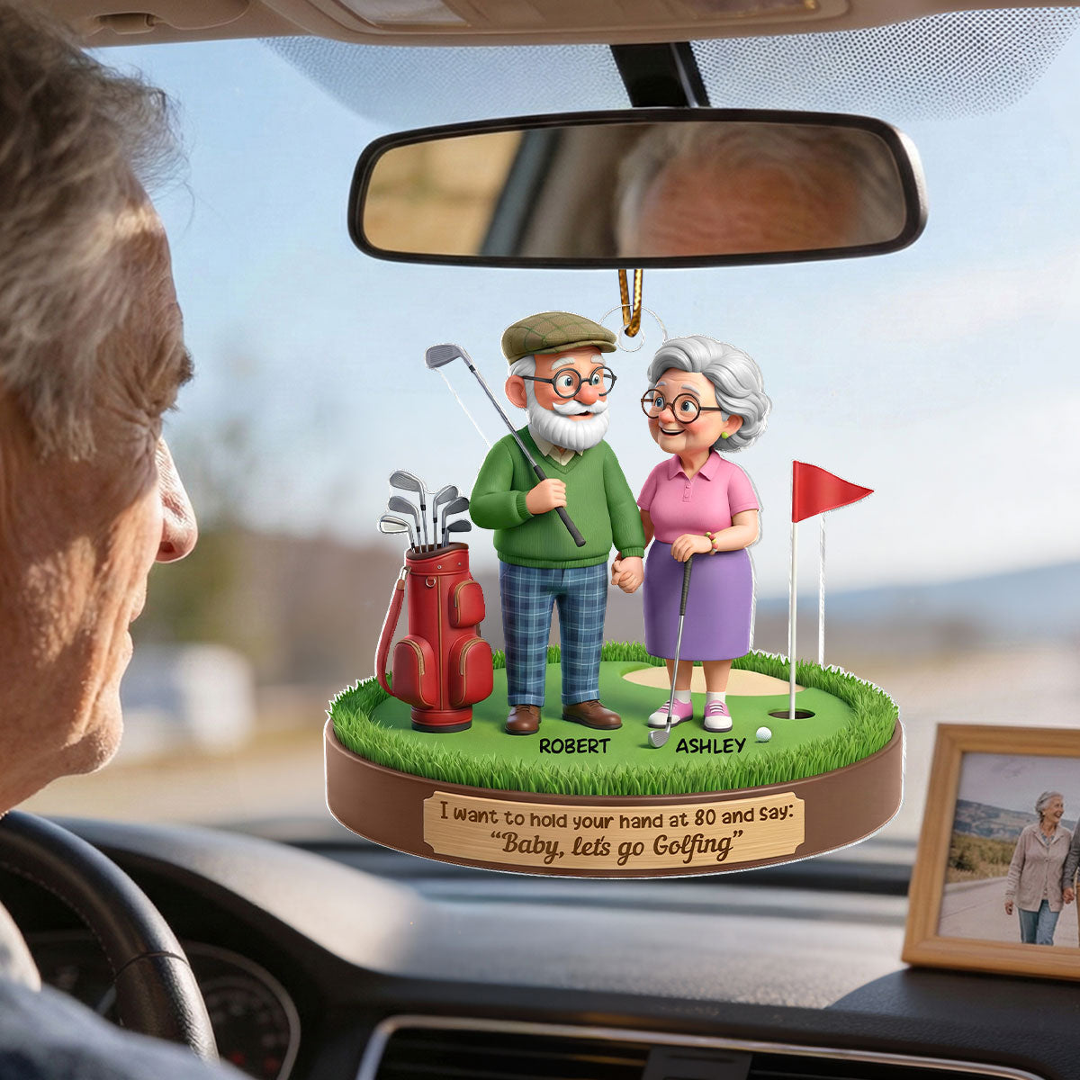 3D Effect Old Couple Baby Let's Go Golfing - Personalized Acrylic Car Hanger - Sentimental Gift for him, for her