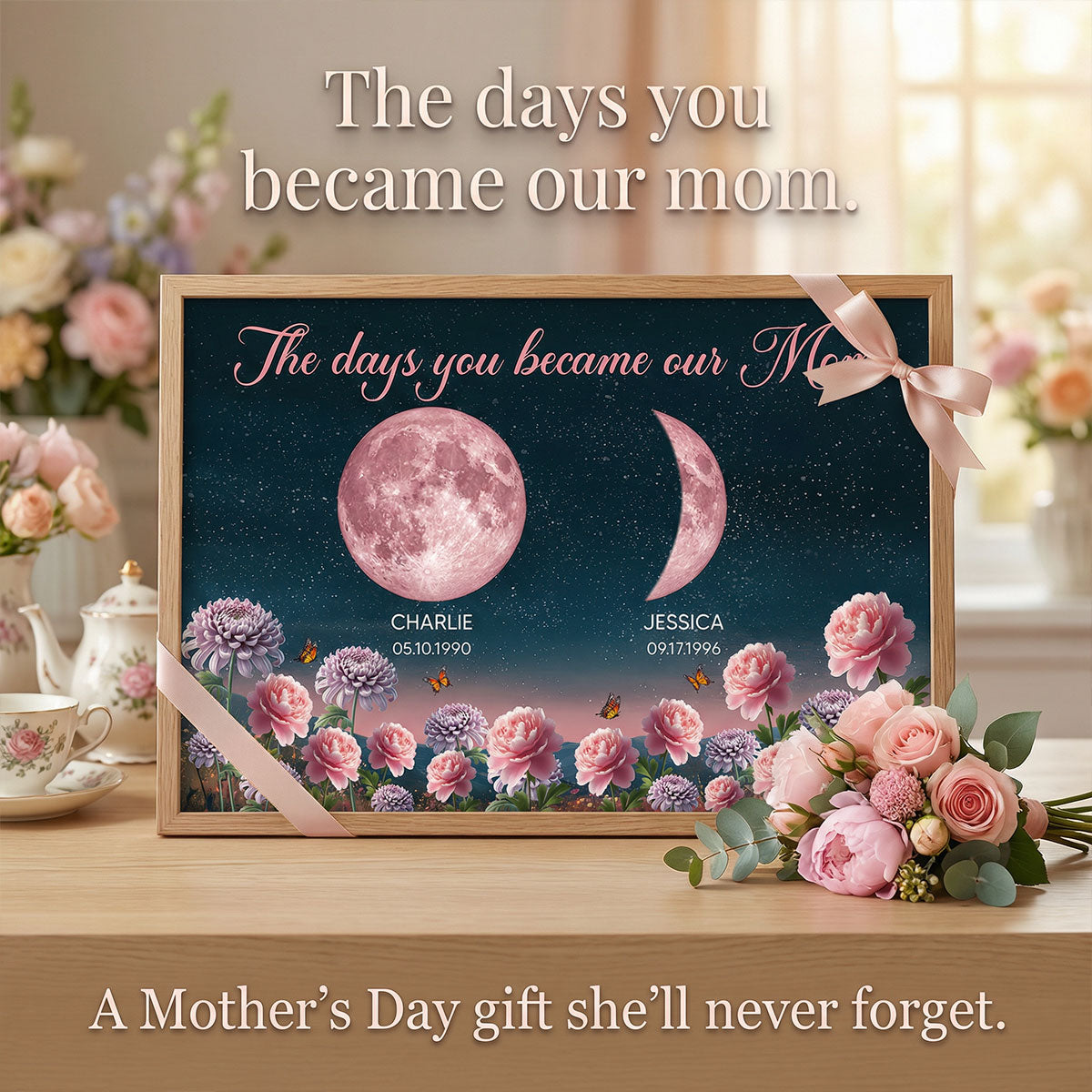Birth Month Flowers The Day You Become Mum Grandma Custom Birth Moon Phase - Personalised Poster, Mother's Day Gift For Mum, Grandma