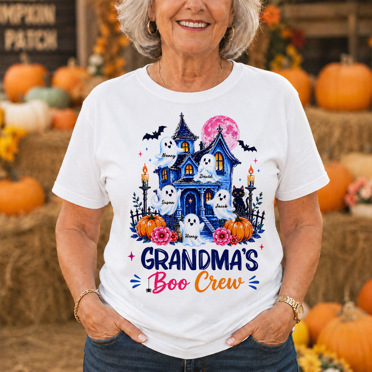 Grandma's Boo Crew Trendy Haunted House - Personalized Shirt - Halloween Shirt for Grandma