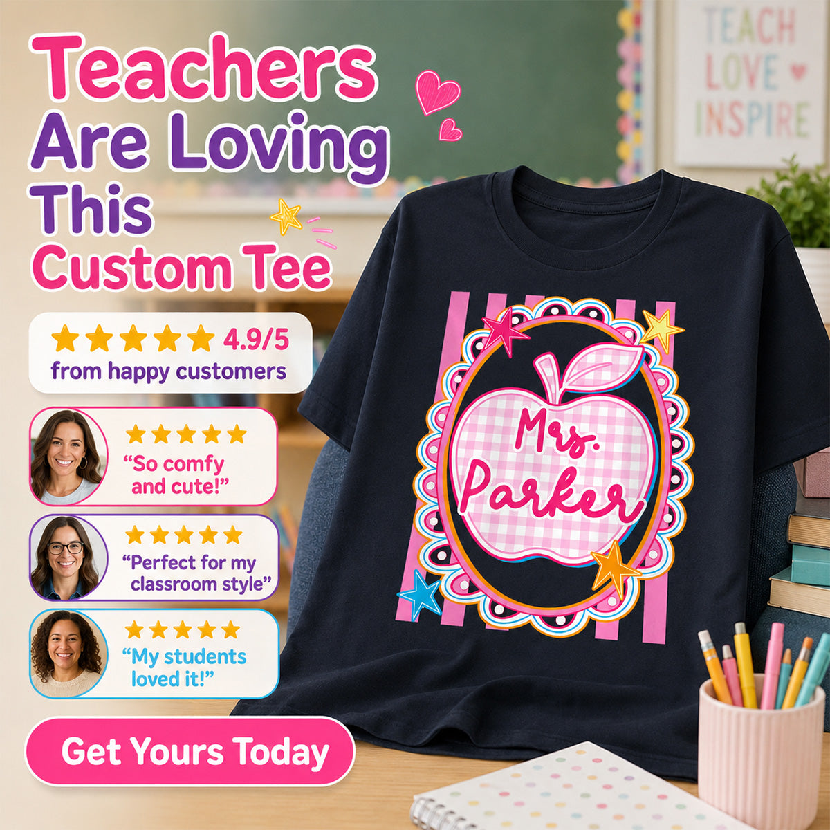 Preppy Apple Teacher Custom Name - Personalized Shirt - Back To School Gift for Teachers