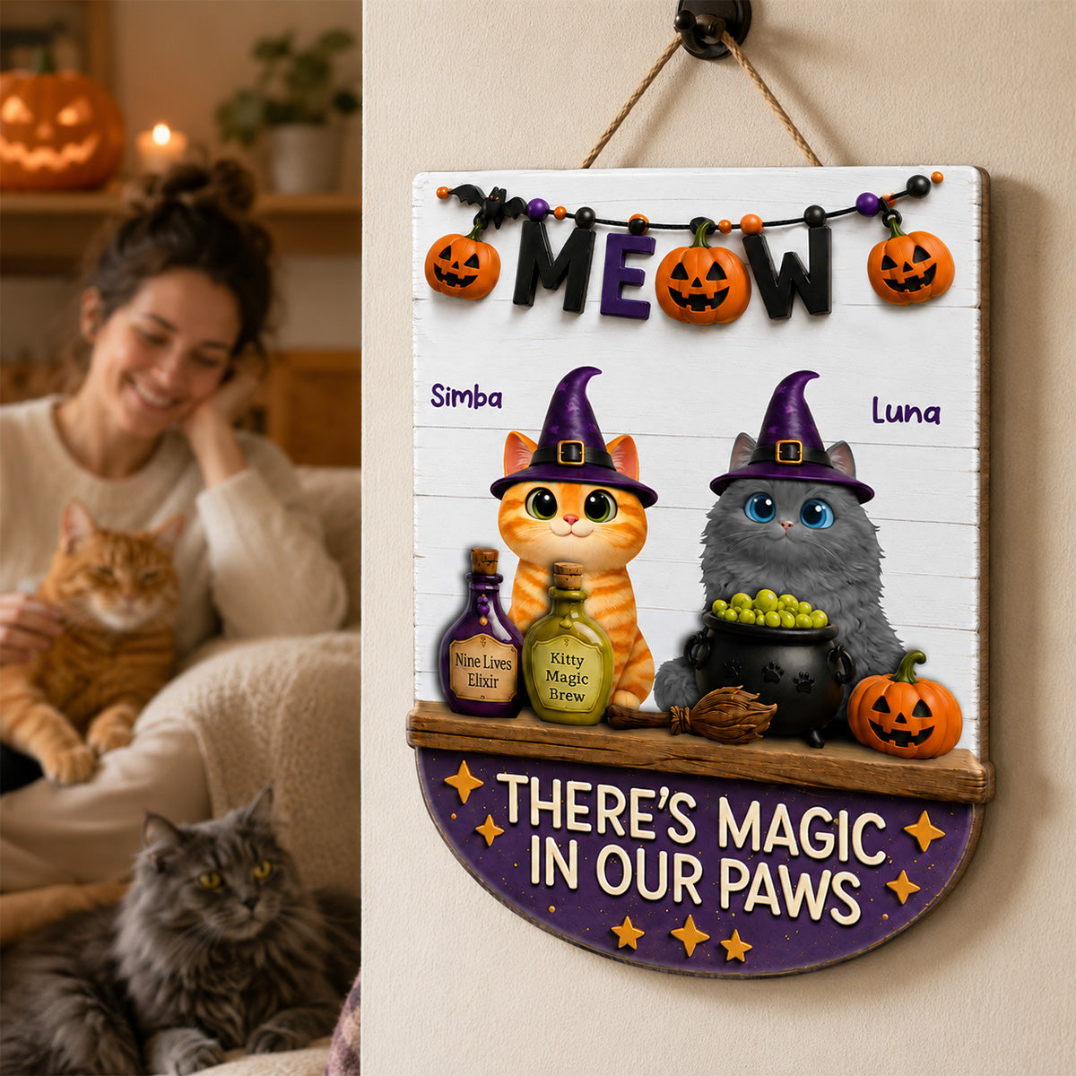There's Magic In Cat Paws - Personalized Door Hanger - Halloween Decoration