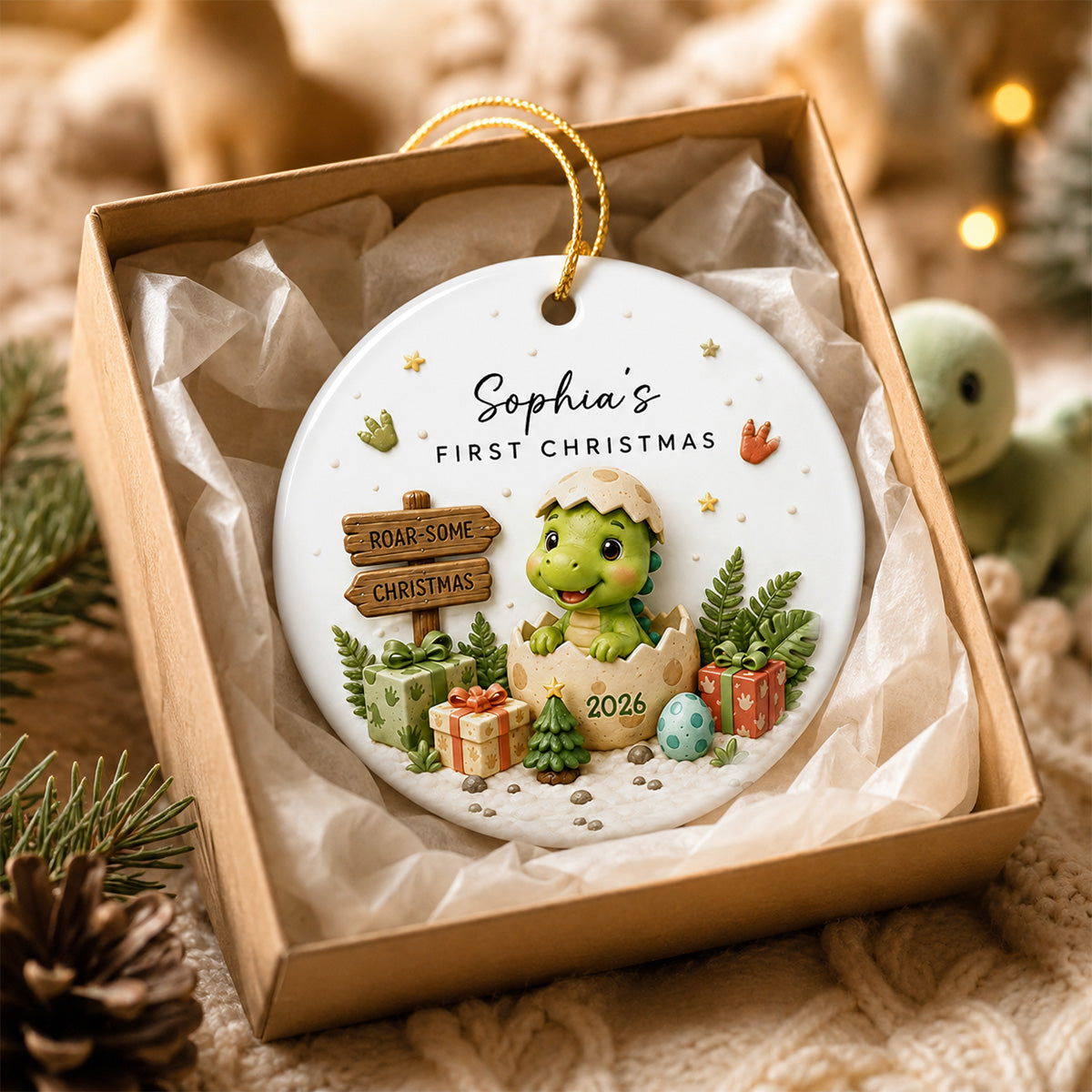 Baby Dinosaur First Christmas 2D Flat - Personalized Ceramic Ornament - Christmas Keepsake