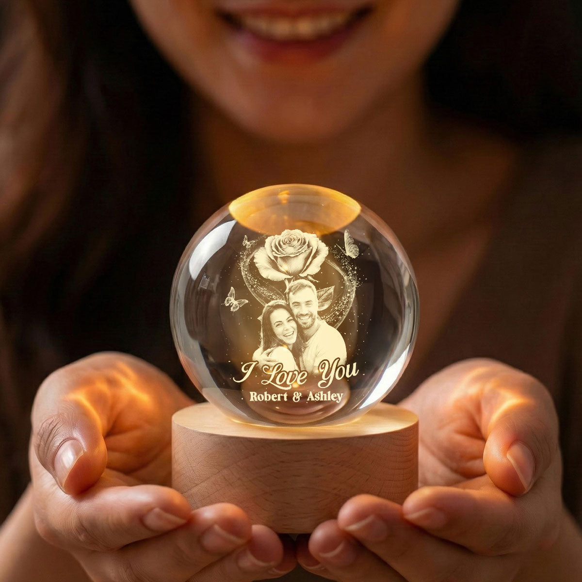 Eternal Love Rose I Love You - Personalized Crystal Ball LED Night Light - Valentine's Day Gift For Couple, For Her