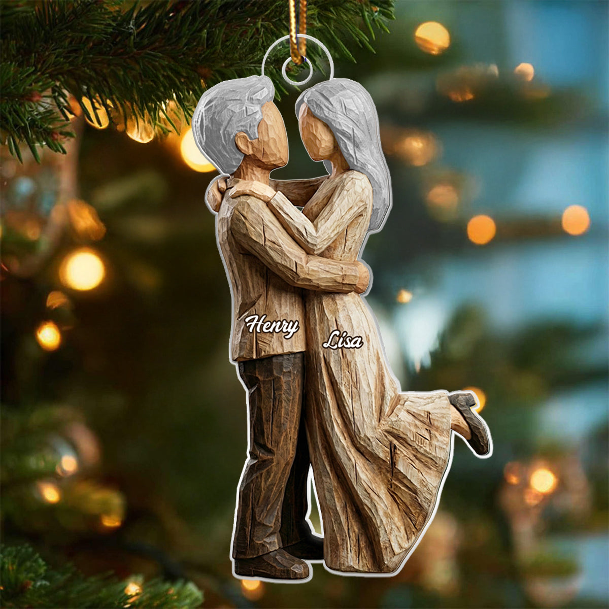 Couple Hugging Faux Wood - Personalized Acrylic Ornament - Heartwarming Christmas Gift For Him, For Her, For Couple