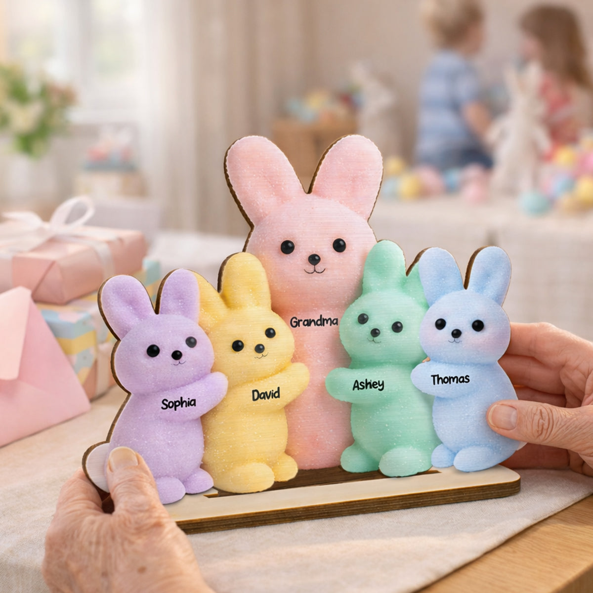 Grandma and Grandkids Bunnies - Personalized 2-Layered Wooden Plaque - Easter Decor Gift for Grandma, Mom