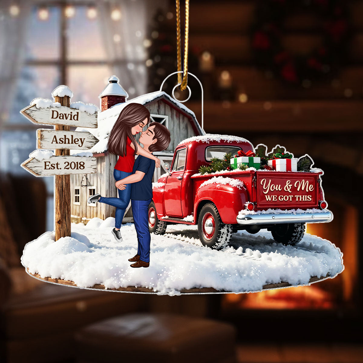 Christmas Truck Barn House Couple Sign Post - Personalized Acrylic Ornament - Christmas Gift For Her, For Him, For Couple