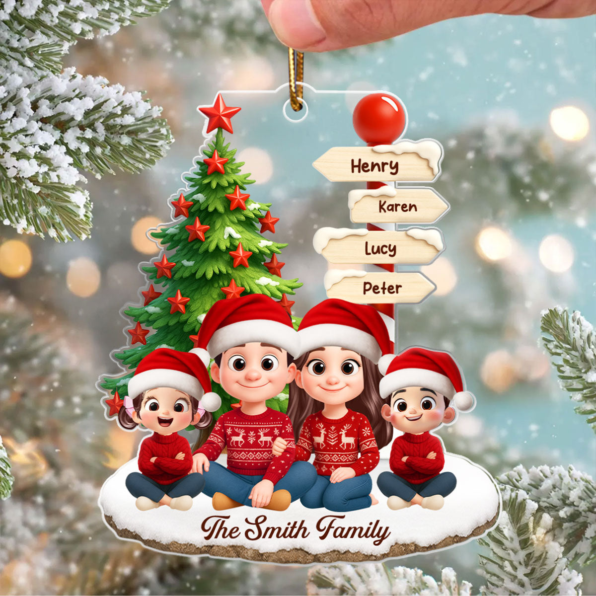 Family Sitting Together Custom Name Sign Post - Personalized Acrylic Ornament - Christmas Gift for Family