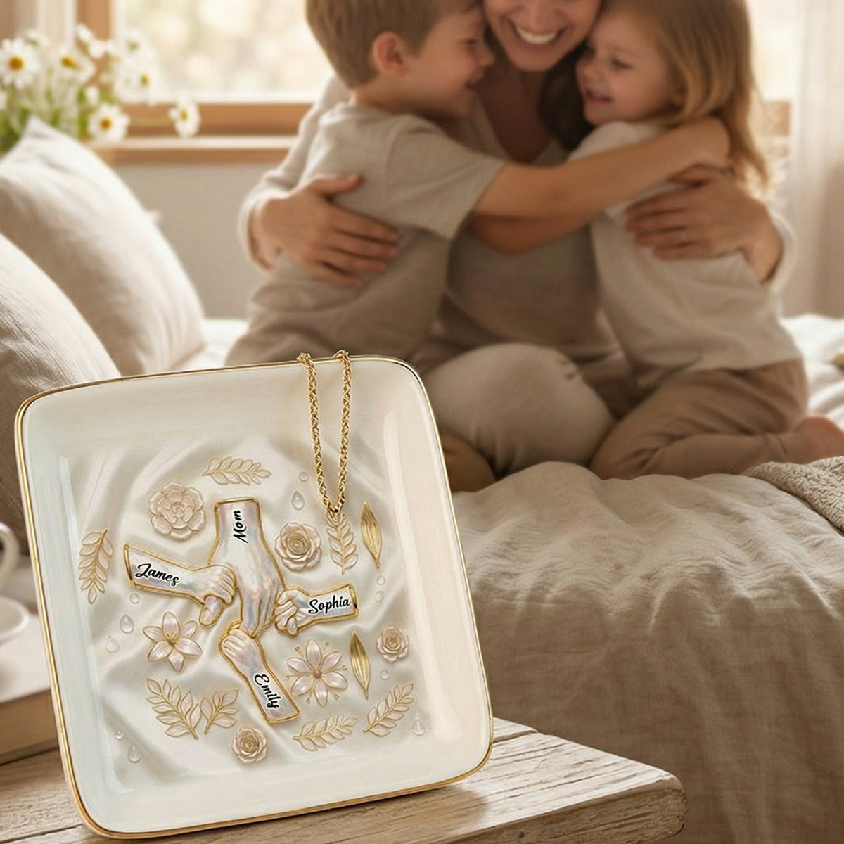 Kids Holding Mom Grandma Hand 2D Printed - Personalized Jewelry Dish - Mother's Day Gift For Mom, Grandma