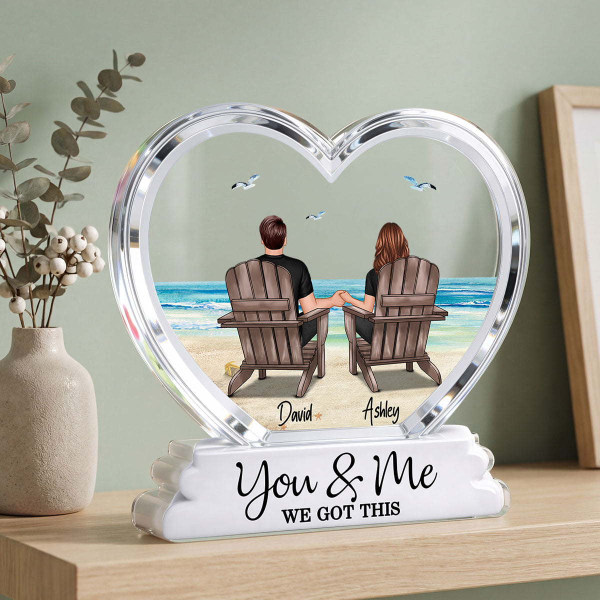Couple Sitting Back View Beach Landscape 2D Flat - Personalized Acrylic Block Plaque - Anniversary, Birthday Gift For Him, Gift For Her
