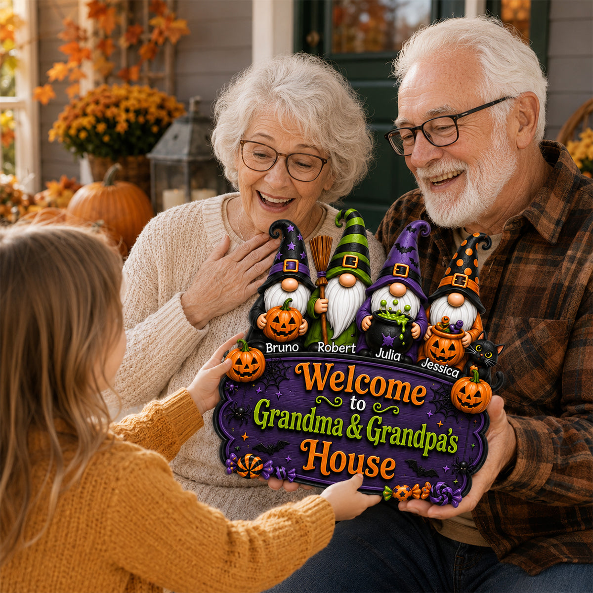 Halloween Gnome Welcome To Grandma Grandpa House - Personalized Door Sign - Halloween Decor Gift, Gift For Grandma, Grandpa
