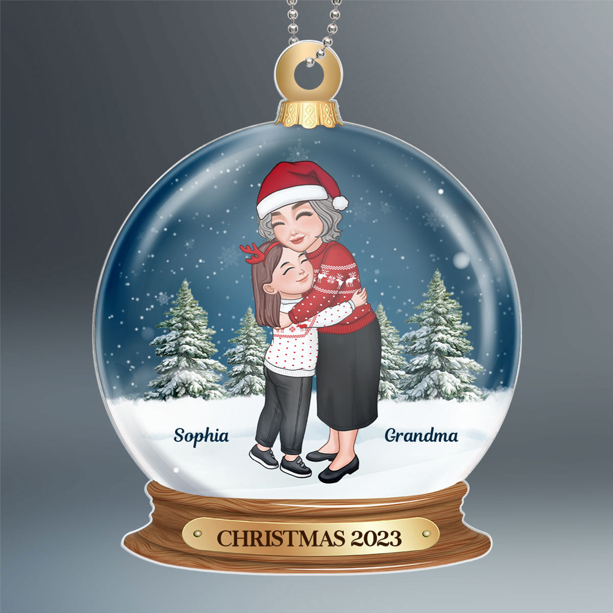 Grandma Hugging Grandkid In Snow Globe Personalized Acrylic Ornament