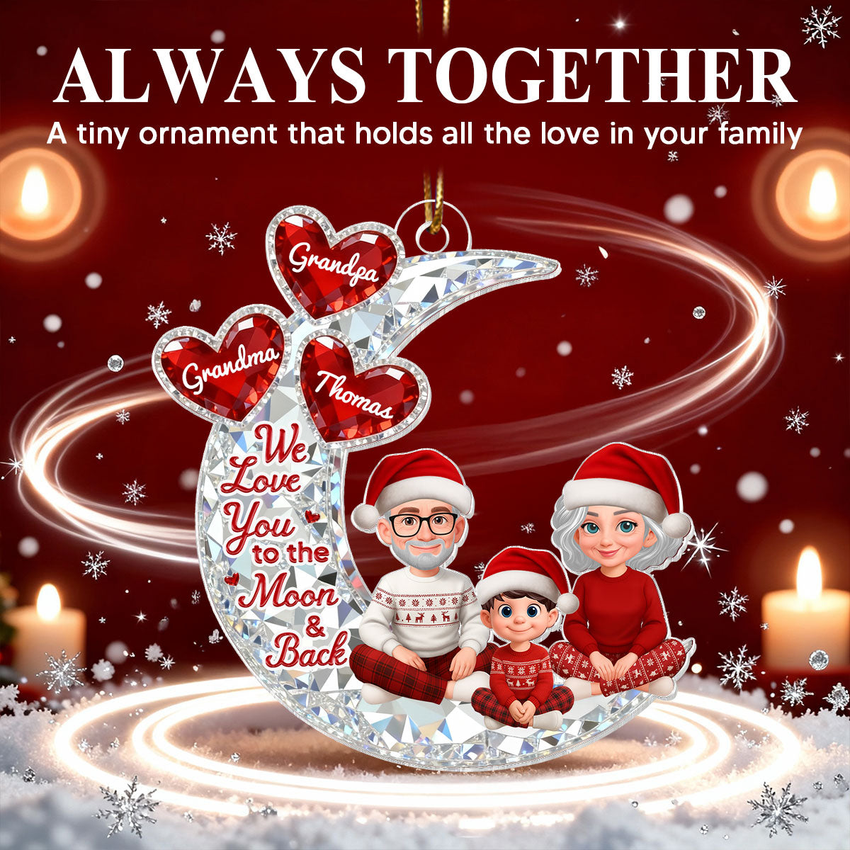 3D Effect Flat Moon Grandpa Grandma Grandkid Love You To The Moon And Back - Personalized Acrylic Ornament - Christmas Gift For All Grandkids