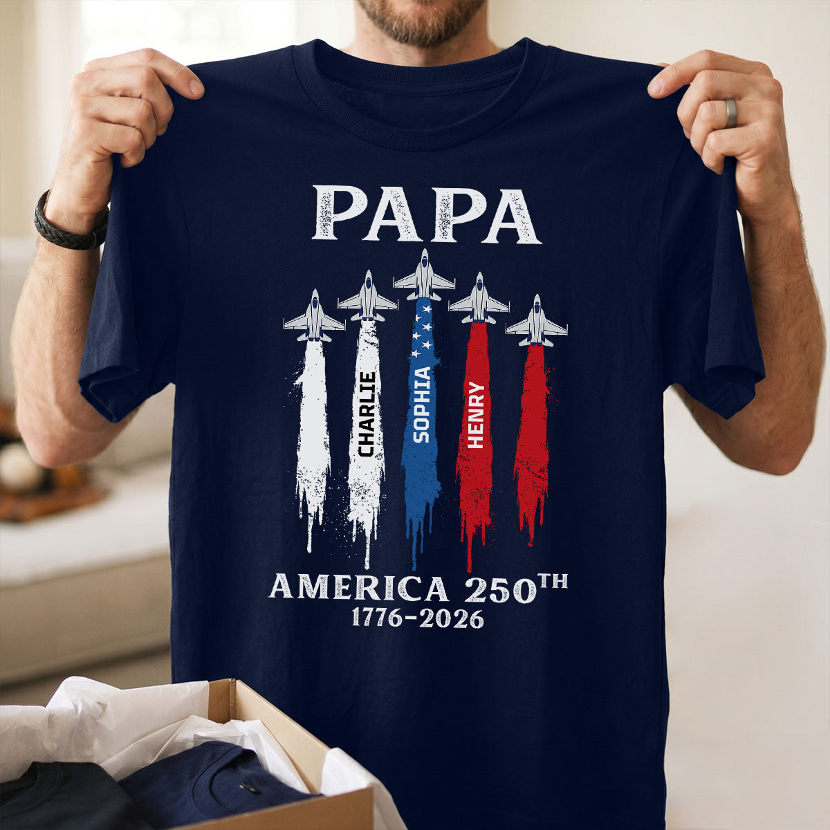 Grandpa Dad Patriotic Jet Fighter Custom Kids Names - Personalized Shirt - Father's Day Gift, America 250th Anniversary, 1776 - 2026