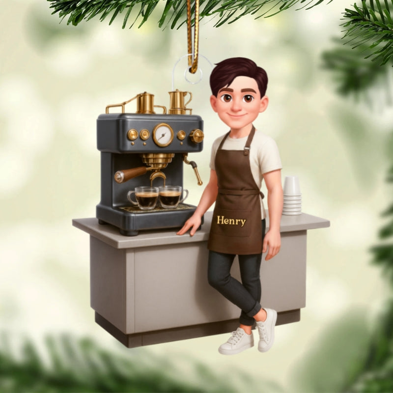 Espresso Machine Coffee Maker Diorama With Cups - Personalized Acrylic Ornament - Gift For Baristas And Coffee Lovers