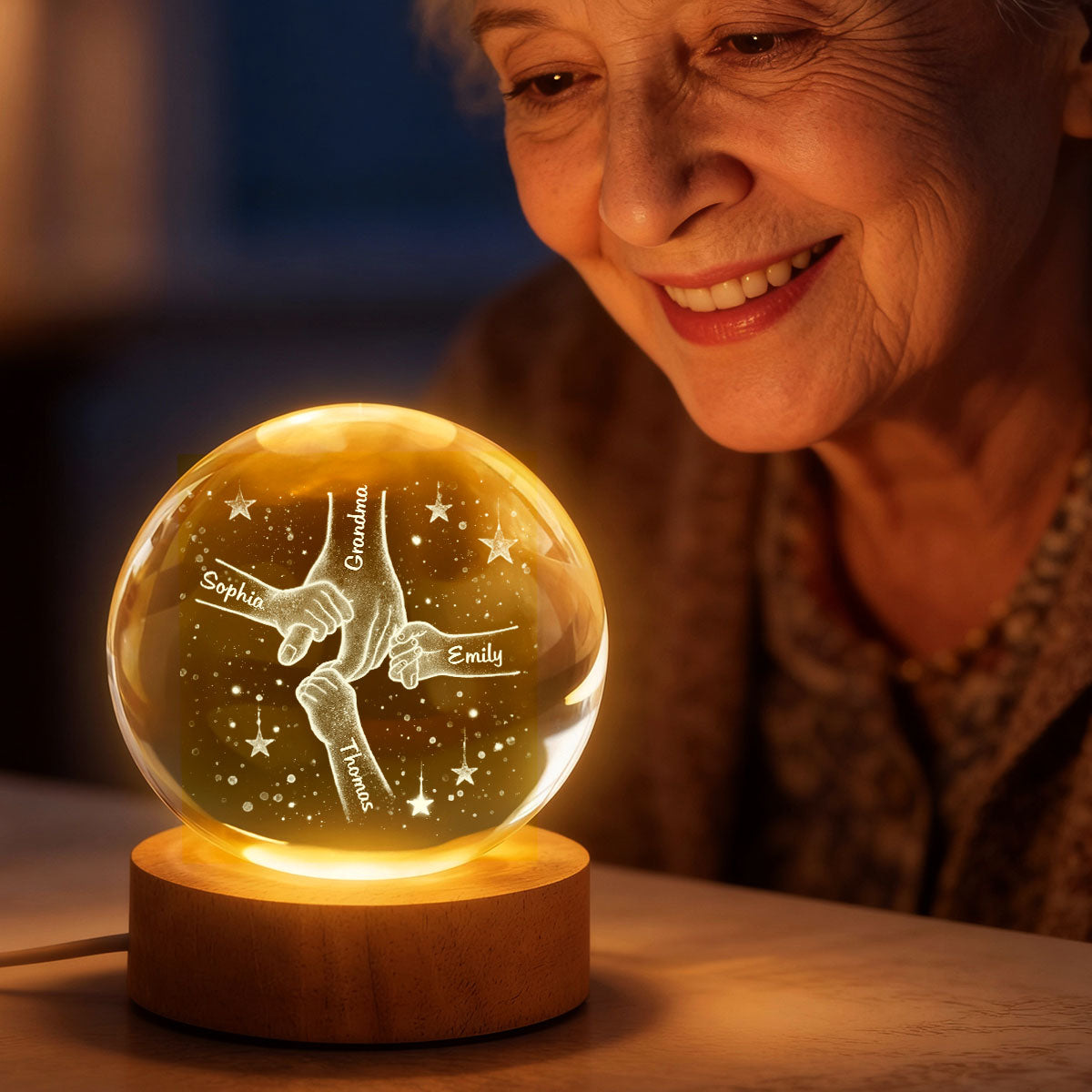 Mom Grandma Kids Holding Hands - Personalized Crystal Ball LED Night Light - Sentimental Mother's Day Gift for Mom, Grandma, Wife