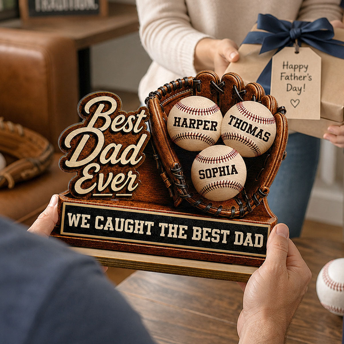 We Caught The Best Dad Baseball Glove - Personalized 2-Layered Wooden Plaque - Happy  For Baseball Dad