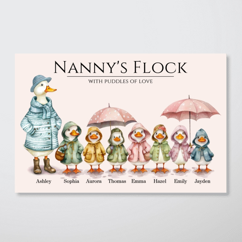 Nanny's Flock Gift For Grandma Nana Grammy Cute Watercolor Ducks Personalised Poster, Mother's Day Gift