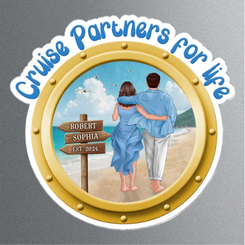 Cruise Partners For Life Porthole Couple Walking At Beach - Personalized Cruise Ship Door Magnet