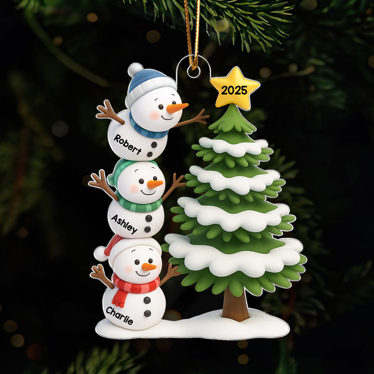 Snowman Family Stack 3D Effect Christmas Tree - Personalized Acrylic Ornament