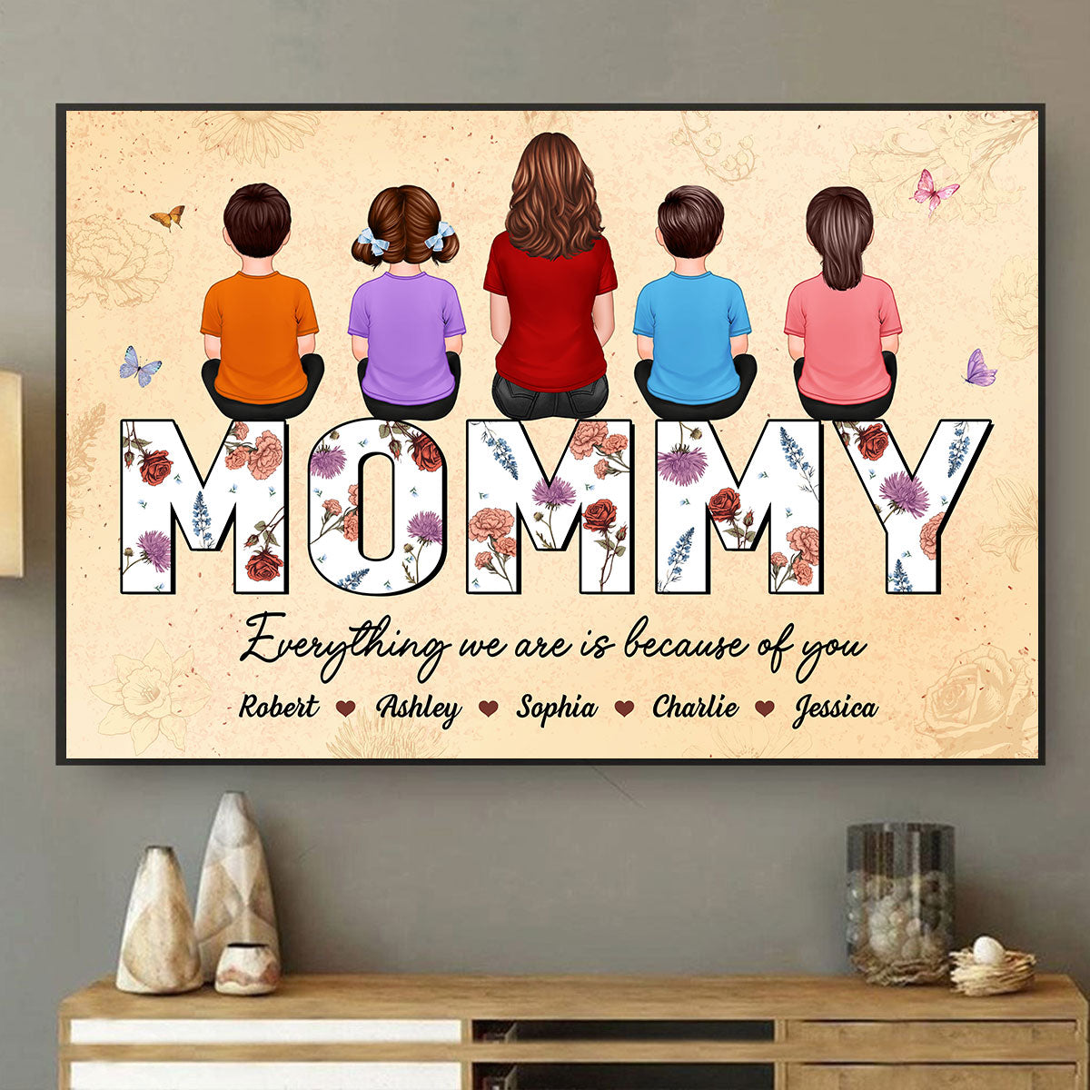 Happy Mother's Day Mommy Back View Family Sitting, Personalized Poster
