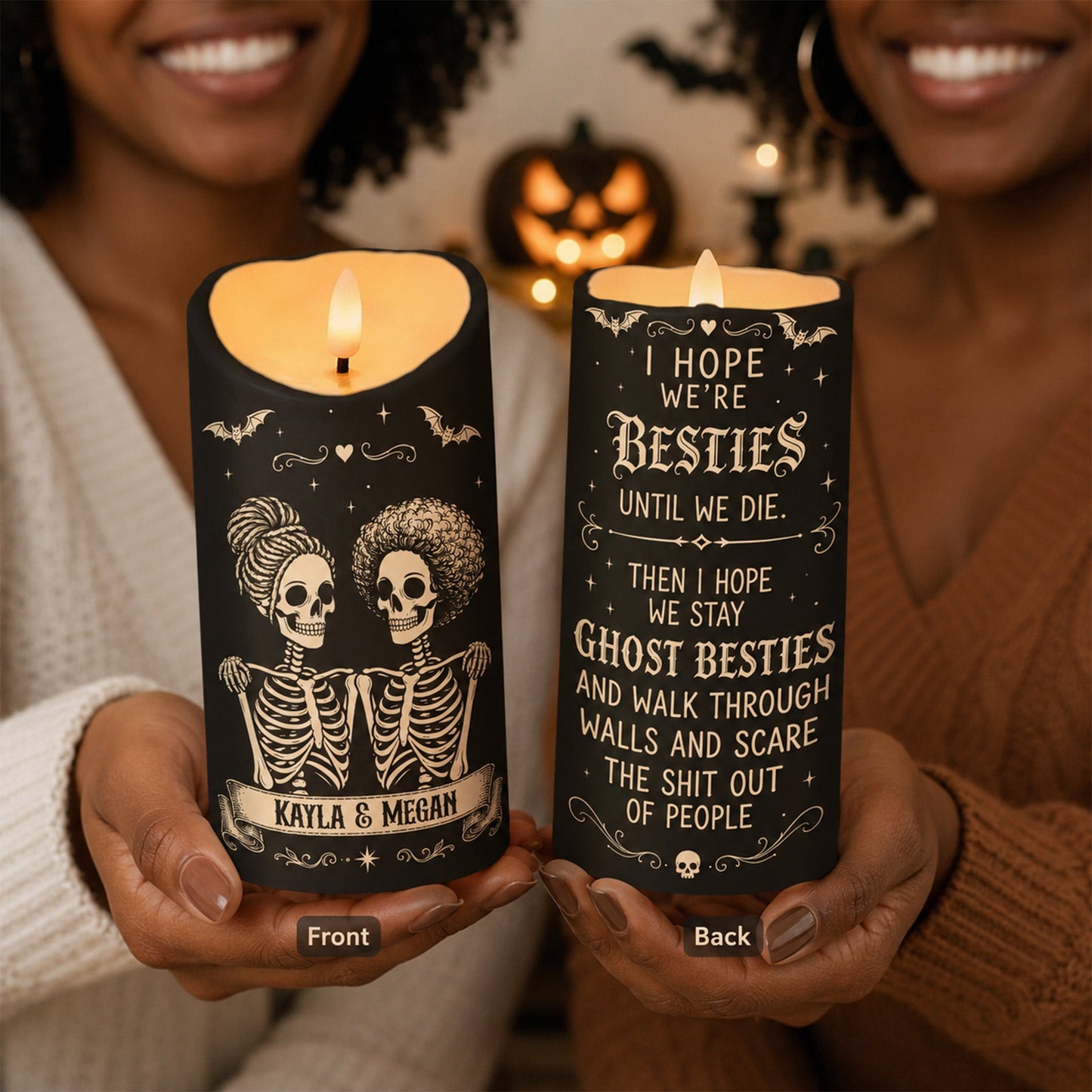 Skeleton Besties Until We Die - Personalized LED Candle - Funny Work Bestie Gift, Halloween Keepsake For Best Friends