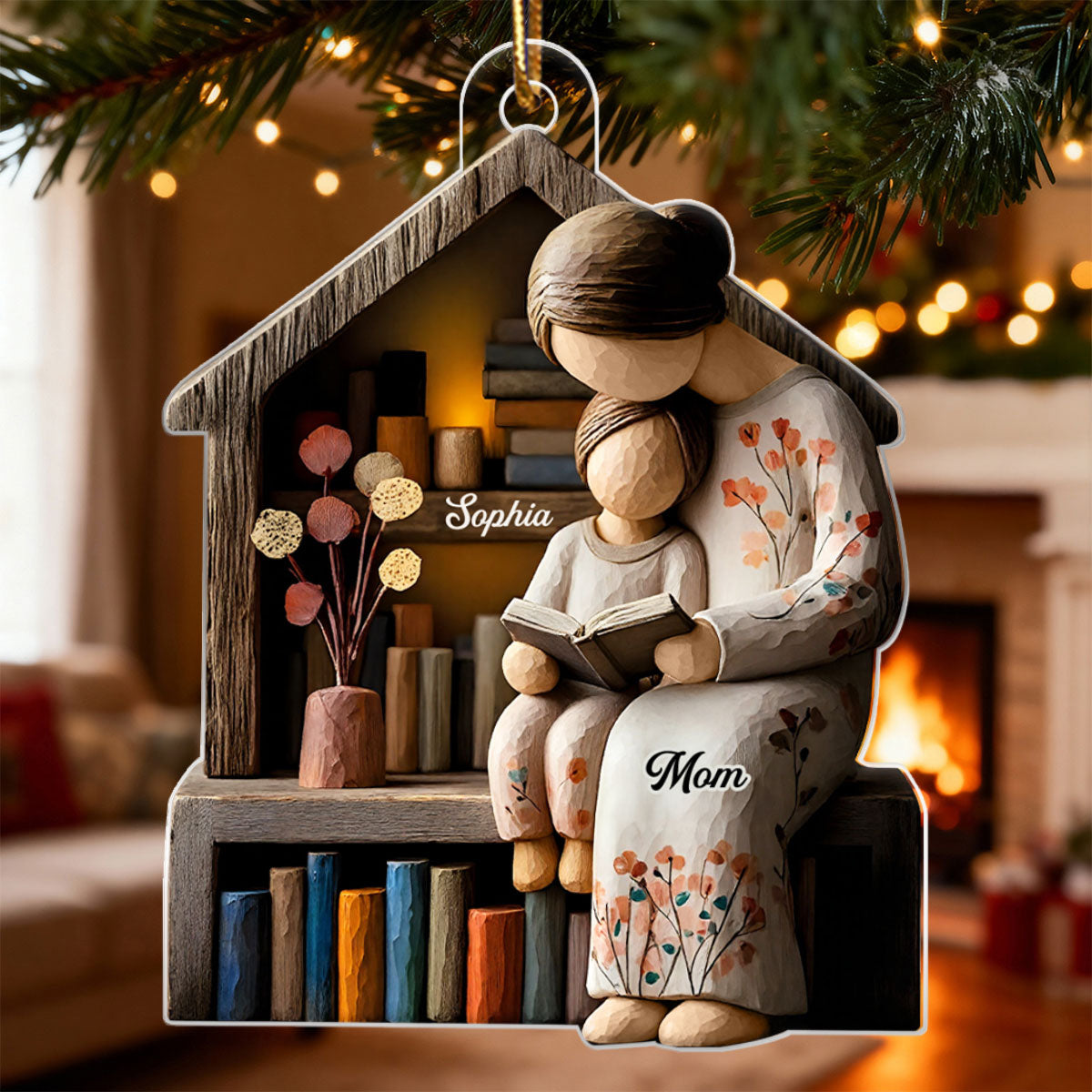 Mom And Daughter Son Reading Book Faux Wood - Personalized Acrylic Ornament - Heartwarming Christmas Gift For Mom, Family