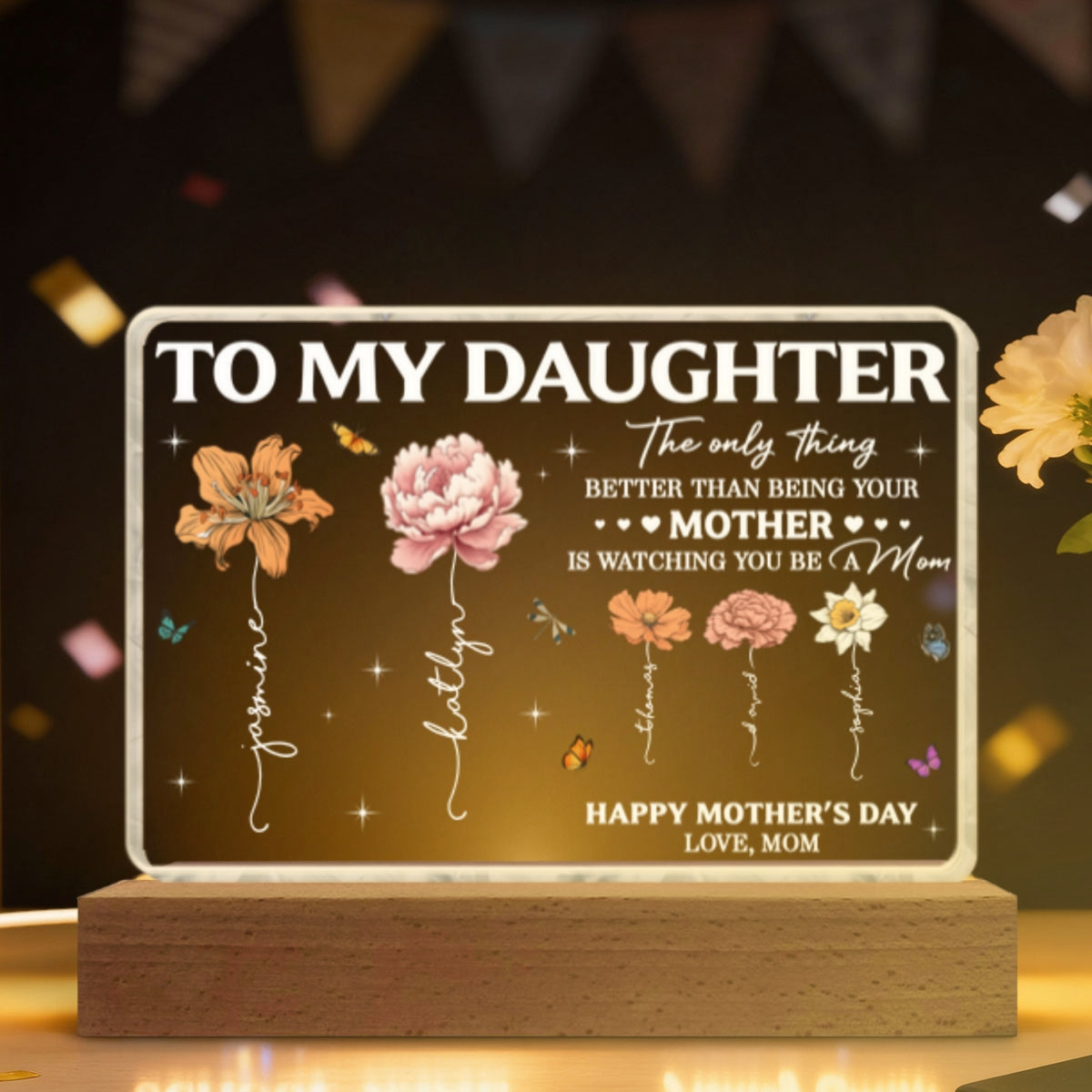 To My Daughter Mom And Daughter Custom Birth Month Flowers Kids Names - Personalized Acrylic Block LED Night Light - Mother's Day Gift For Daughter